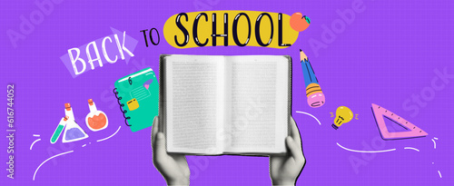 Back to school. Halftone-style vector contemporary collage with cut-out hands with an open book and stickers and doodles. Checkered banner, punk trendy illustrations. 