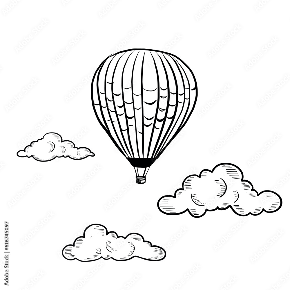 Obraz premium Vector Hand Drawn Flying Hot Air Balloon Isolated on White Background. Black and white Sketch of Hot Air Balloon with Clouds Drawing. Eco Green Transportation for Clean Environment. Vintage Style Desi
