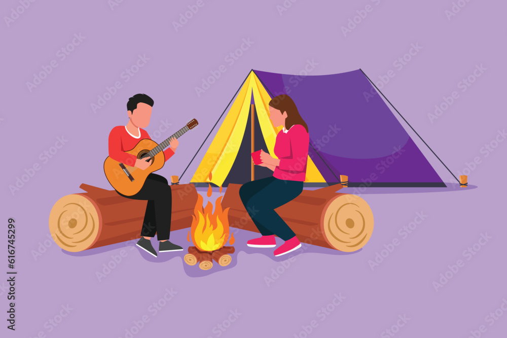 Character flat drawing man woman getting warm near campfire. Girl drinking tea and guy playing guitar, sitting on logs. Couple near bonfire, romantic date camping. Cartoon design vector illustration