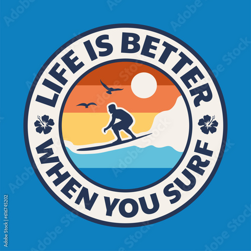 Vector surfing theme badge. Perfect t-shirt prints, posters, and other uses.