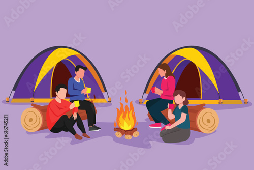 Character flat drawing two romantic couple camping around campfire tent. Group of man woman sitting on ground and drinking hot tea, coffee getting warm near bonfire. Cartoon design vector illustration