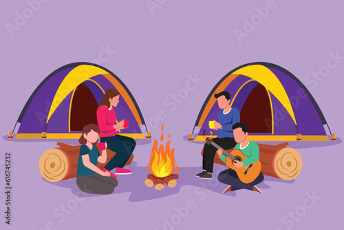 Graphic flat drawing of two couple camping around campfire tents. Group of people sitting on ground, drinking hot tea, man playing guitar, getting warm near bonfire. Cartoon style vector illustration