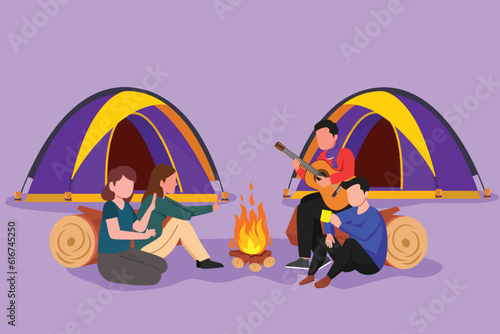 Character flat drawing two romantic couple camping around campfire tent. Group hikers warm their hands near bonfire sitting on ground, man playing guitar, sing song. Cartoon design vector illustration