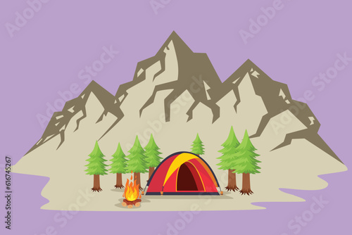 Cartoon flat style drawing summer camping day and sunset poster, logo. Banners with mountains, trees, tent and campfire. Climbing, hiking, holiday, trekking sports. Graphic design vector illustration © onetime