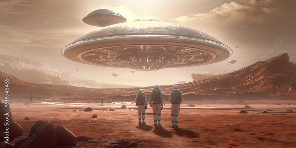 Astronauts on another planet and alien ship. Generative AI Astronauts on another planet and alien ship. Generative AI