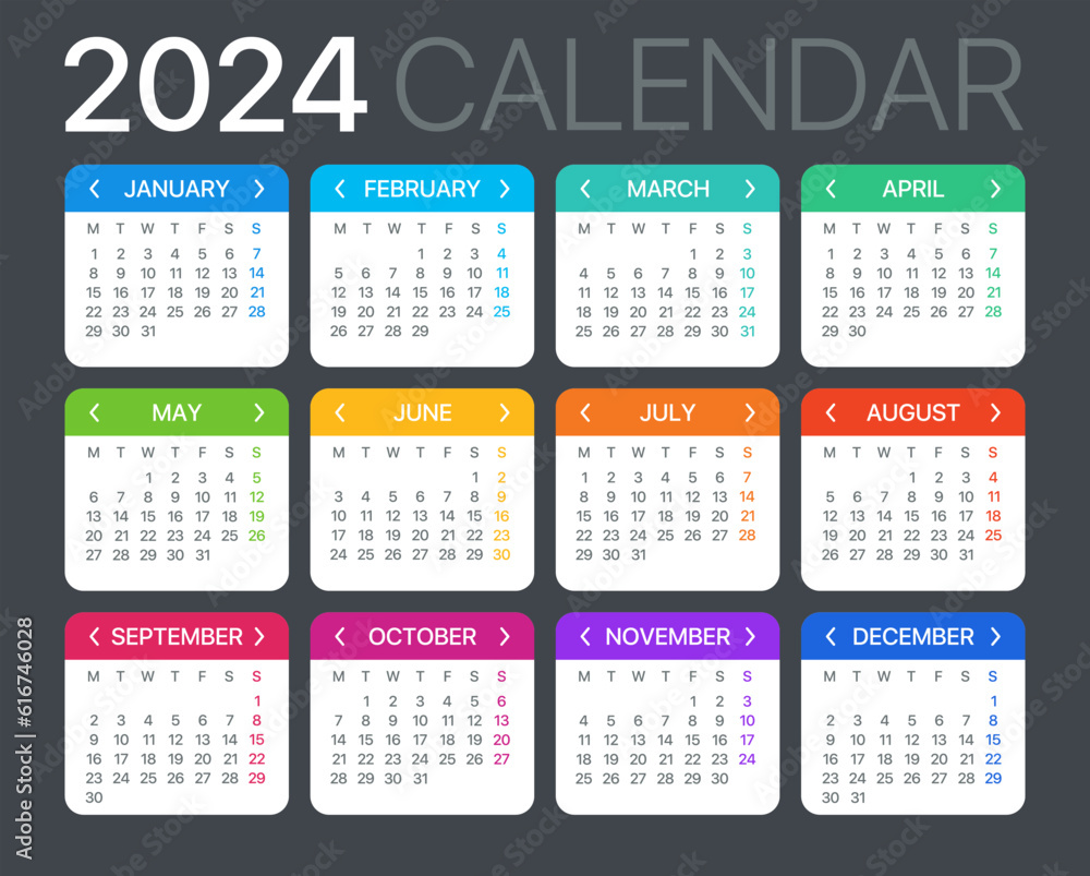 2024 Calendar - vector template graphic illustration - Monday to Sunday 2024 Calendar - vector template graphic illustration - Monday to Sunday