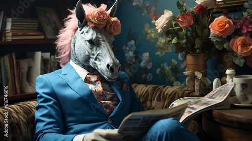 A man wearing a blue suit and a horse mask, sitting on a sofa and reading a newspaper.