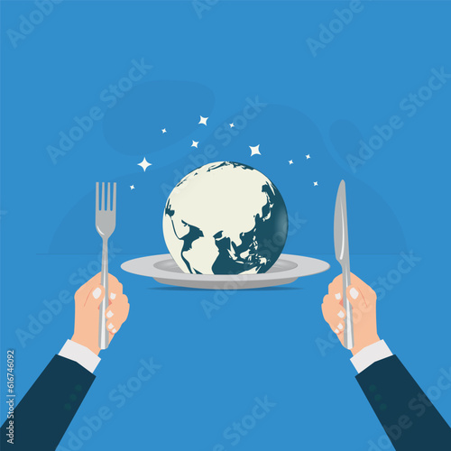 Businessman hand hold Fork and knife with globe on plate for food. World food concept vector illustration
