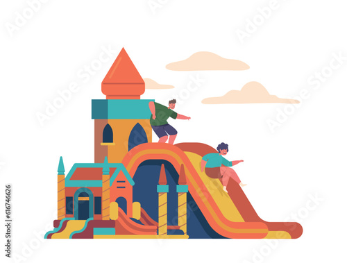 Kids Boys Characters Having A Blast On An Inflatable Attraction, Bouncing And Sliding With Joy. Fun-filled Experience