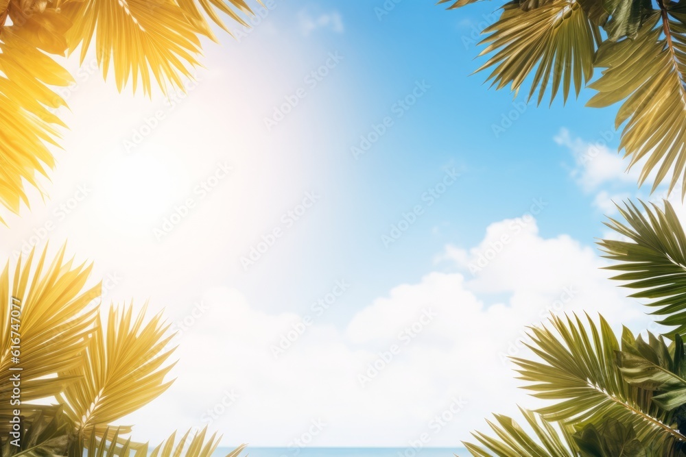 Tropical beach frame with golden sand, palm leaves, and sun rays, Generative AI