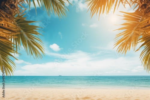 Tropical beach frame with golden sand  palm leaves  and sun rays  Generative AI