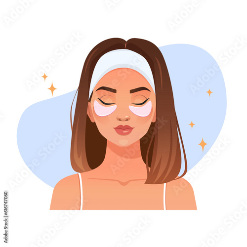 Girl with cosmetic eye patches. Skincare routine