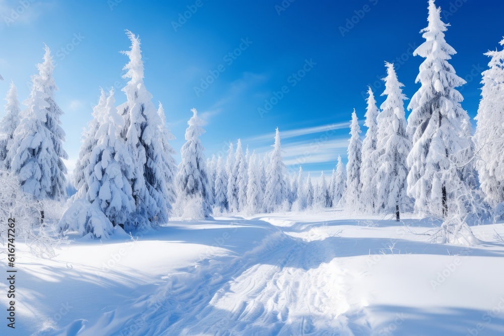 Idyllic winter landscape with white trees, snowdrifts, and snowfall, Generative AI