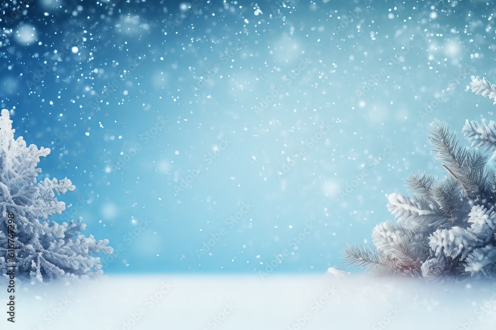 Winter Christmas background with snow covered spruce branches and falling snow, Generative AI