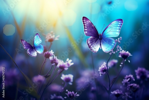 Blue wildflowers, butterflies, macro, artistic, toned blue and purple, Generative AI