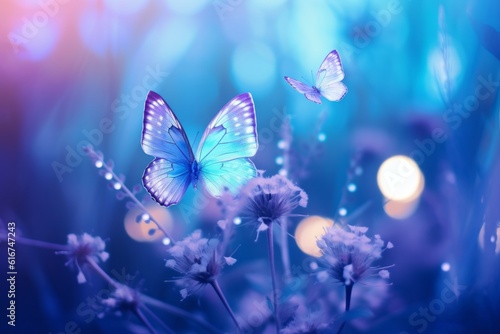 Blue wildflowers, butterflies, macro, artistic, toned blue and purple, Generative AI