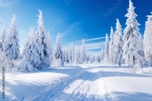 Idyllic winter landscape with white trees, snowdrifts, and snowfall, Generative AI © ParinApril