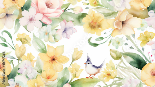 Beautiful floral spring seamless pattern with watercolor drawn field wildflowers. For wedding stationery, greetings, wallpapers, fashion, backgrounds, textures, DIY, packaging, cards. Generative AI.