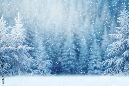 Winter Christmas background with snow covered spruce branches and falling snow, Generative AI © ParinApril