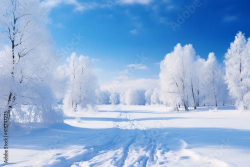 Idyllic winter landscape with white trees, snowdrifts, and snowfall, Generative AI