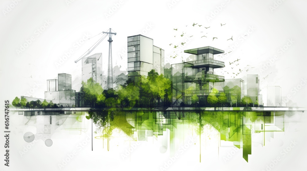 Green urban project planning. Urban development that prioritizes sustainability and environmental consciousness. Green spaces and healthier, more eco friendly urban environment. Generative AI
