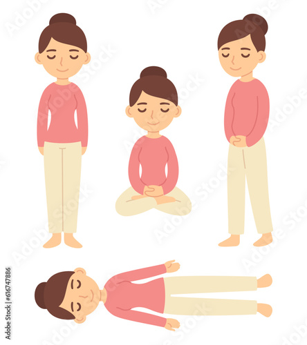 Meditation poses, cartoon woman illustration