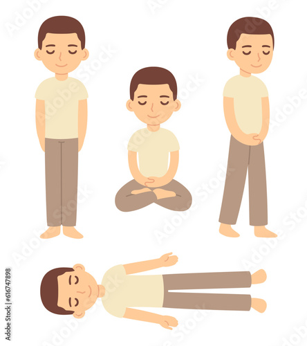 Meditation poses, cartoon man illustration