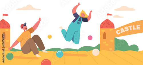 Excited Children Having A Blast On Inflatable Attractions, Bouncing And Sliding With Joyful Expressions, Vector