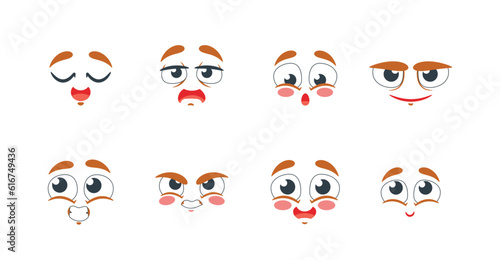 Set of Cute Cartoon Face Emoji. Sad, Tired, Happy, Smile and Bored. Ashamed, Delight and Angry Facial Expression