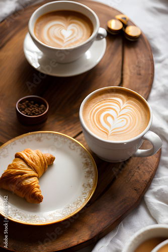 A rustic wooden table in a cozy kitchen  a white porcelain cup filled with fresh steaming coffee. Appetizing puff croissants on a plate. the aroma of coffee fills the air. generative AI