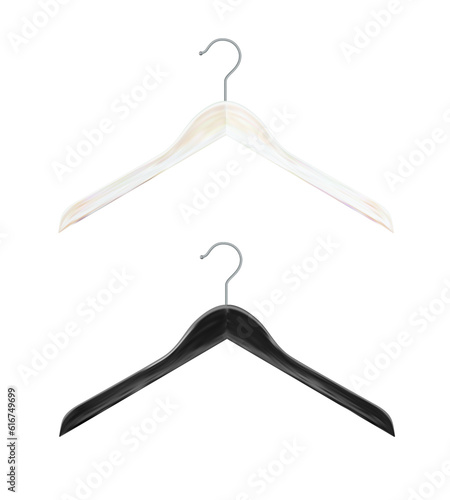 Wooden clothes hangers Clothes hanger made of white and ebony wood. clothes hanger wooden hanger closeup isolated on background. Design template, clipart or layout for graphics. Vector