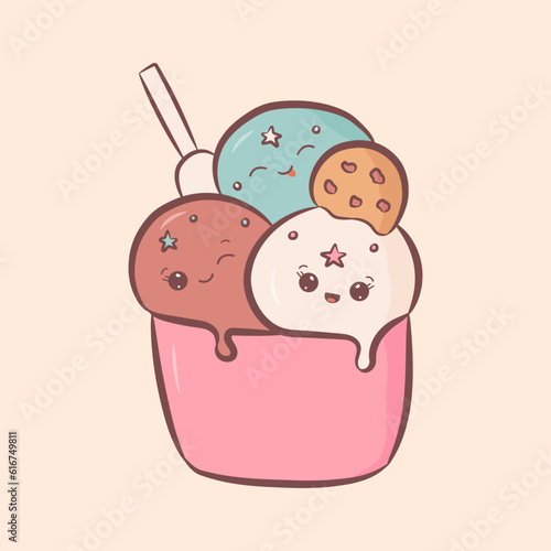 Cute ice cream in a cup in kawaii style. Summer food with happy funny faces. Vector Illustration of cartoon sweet character