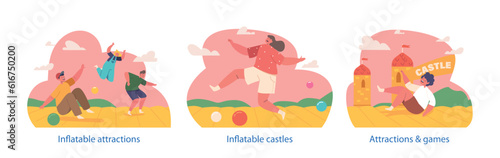 Isolated Elements with Children Joyfully Playing On A Vibrant And Exciting Inflatable Attraction, Filled With Laughter