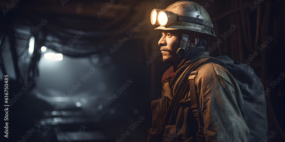 Portrait miner man with headlamps entering underground coal mine. Concept hard mining working. Generation AI Portrait miner man with headlamps entering underground coal mine. Concept hard mining working. Generation AI