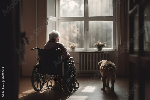 Elderly Senior person in wheelchair looking out window with pet dog in home. Concept friendship. Generation AI © Adin