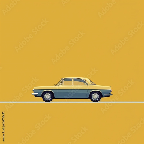 Retro car poster on the road with a red and golden sunset as background. Minimalist style and simple poster design. 