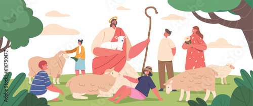 Jesus Shepherd Character Lovingly Guides A Flock Of Sheep On A Beautiful Summer Meadow, Vector Illustration