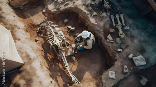 Archeologists discover fossil, excavation digging site concept. Archeolog man working on Paleontologist cleaning skeleton dinosaur tyrannosaurus, top view. Generation AI