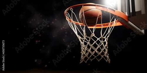 Banner sports tournament Basketball, ball on dark background court, copy space. Generation AI