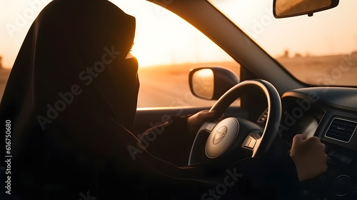 Islam female is driver. Arabic Muslim women driving car, sunset light. AI generation © Adin