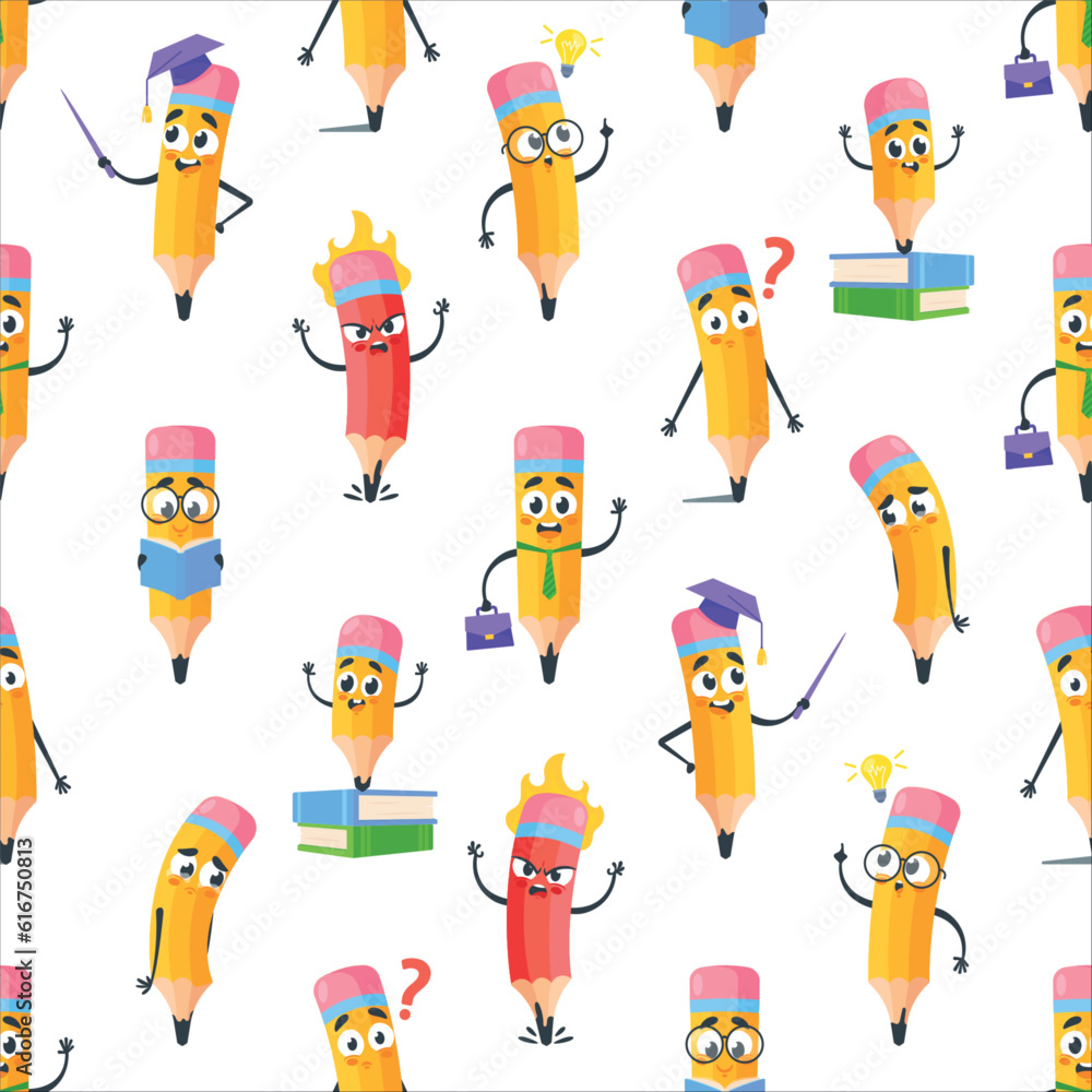 Obraz premium Playful Seamless Pattern Featuring Adorable Pencil Characters In Various Poses And Expressions, Vector Illustration