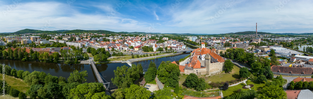 Obraz premium Aerial panorama of Strakonice castle, Otava river, bridge city buildings 