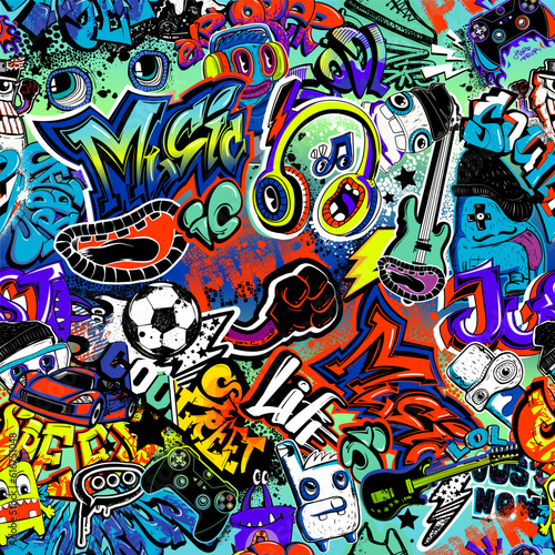 Abstract seamless graffiti comics pattern. Urban street art repeat print for fashion textile, sport clothes, wrapping paper. Teenagers endless ornament drawing in cartoon style.