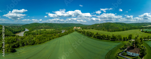 Aerial view of Veveri castle in Moravia with Gothic towers photo