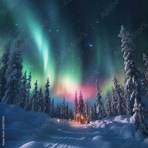 Aurora Borealis or Northern Lights, snowy scenery landscape at night. Great for Relaxing Ambient backgrounds. Polar lights, winterscape concept photo