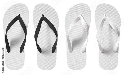 3D illustration. Black and white flipflop mockup isolated on white background. Top view
