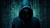 Hacker with a hoodie and a hidden face, set against an abstract data background. Threat of cybercriminals who breach digital security and the urgency of robust cybersecurity measures. Generative AIa