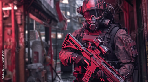 The Vanguard's Halo: A Captivating Representation of a Fierce Soldier, Outfitted in a Halo Suit and Brandishing a Powerful Weapon, Radiating a Distinctive Red Glow - A Scene Inspired by Generative AI