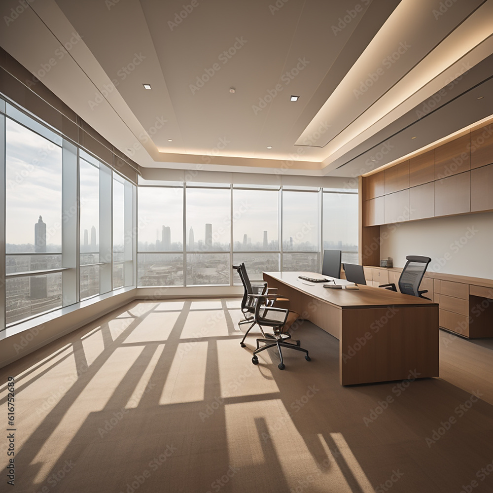 Fototapeta premium Modern and Spacious Office Hall with Panoramic Windows in Pleasant Beige and Brown Tones