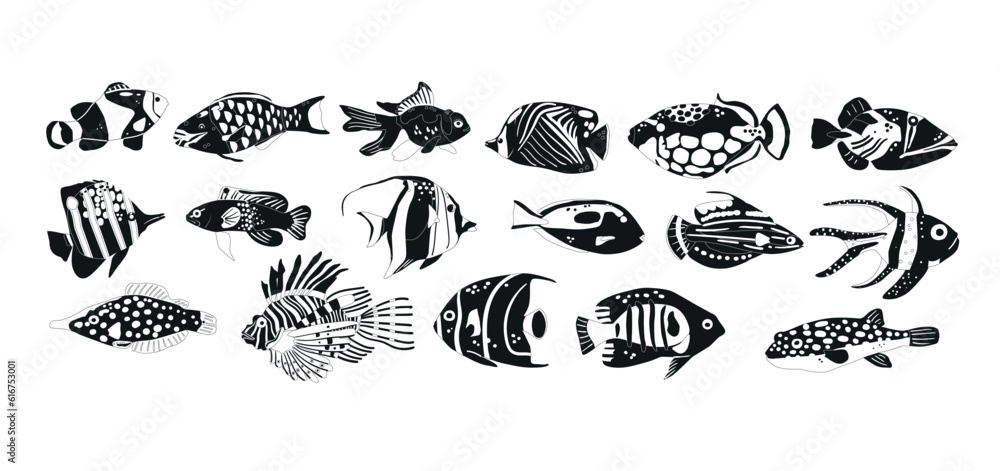 Obraz premium Sea Fishes Black Icons Set, Underwater Creatures Inhabit The Depths Of The Ocean. Tropical Species, Vector Illustration